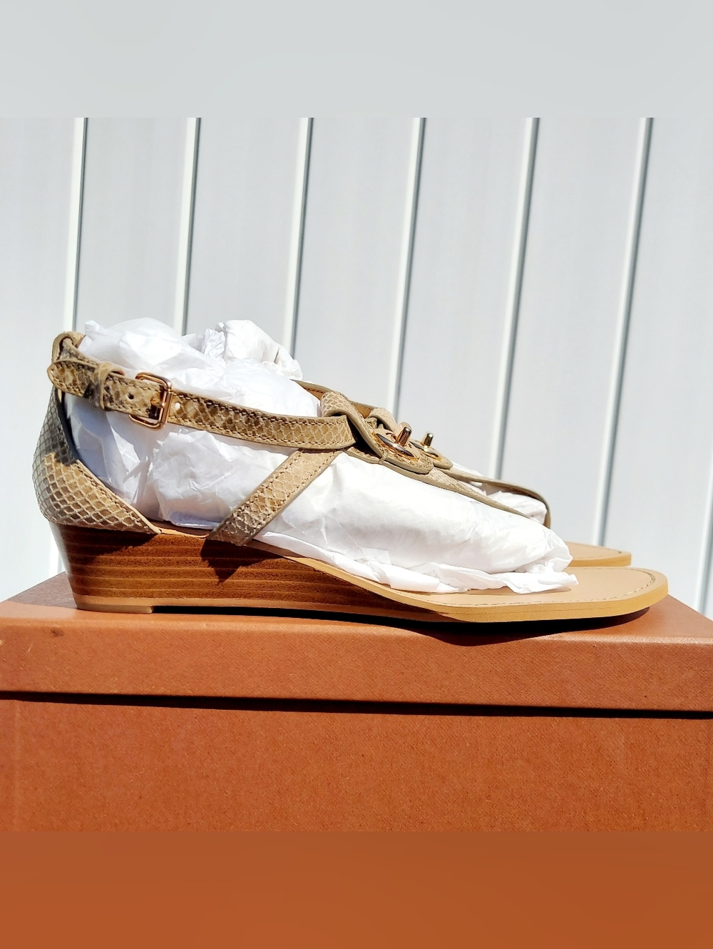 Coach Ingrid Tan Snake Print Leather T-Strap Wedge Sandals Women's Size 8M NWT